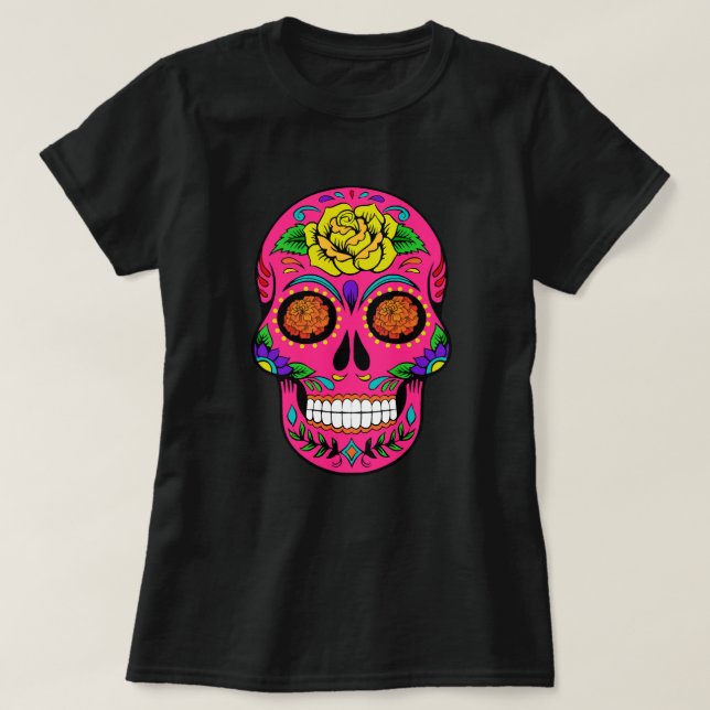 Zuckerschädel-Ringelblume Dia de Los Muertos Pink T-Shirt (Design vorne)