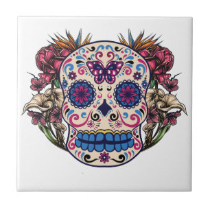 Zuckerschädel-Rosa-Rosen-mehrfarbige Blumen Fliese