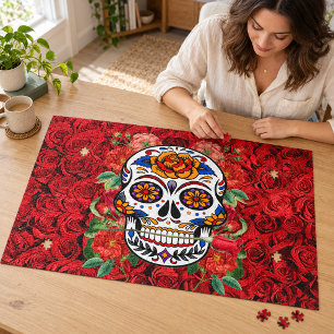 Zuckerschädel Rosa Rote Rosen Feiertage Groß Puzzle