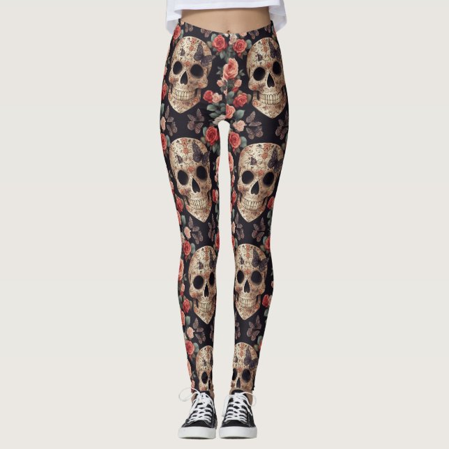 Zuckerschädel, Schmetterlinge und Blume Leggings (Vorderseite)