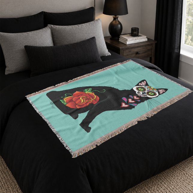 Zuckerschädel schwarze Katze Rose Türkis Herz Decke (Von Creator hochgeladen)