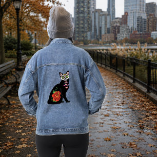 Zuckerschädel schwarze Katze Rose Türkis Herz Jeansjacke