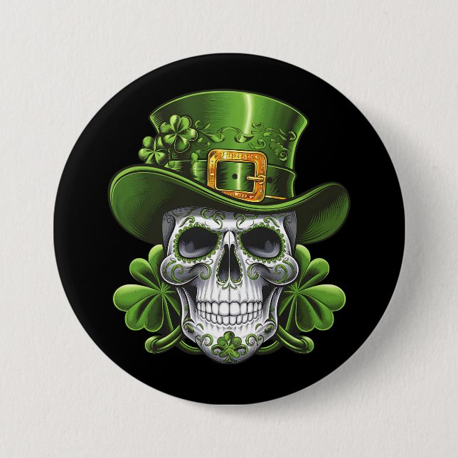 Zuckerschädel St. Patrick's Day Shamrock Button (Vorderseite)