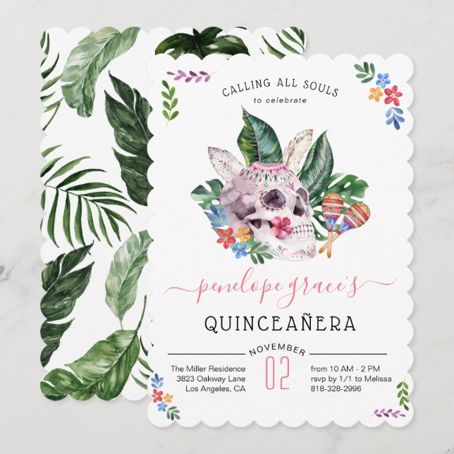 Zuckerschädel-Tag der Toten Quinceañera Einladung (Vorne/Hinten)