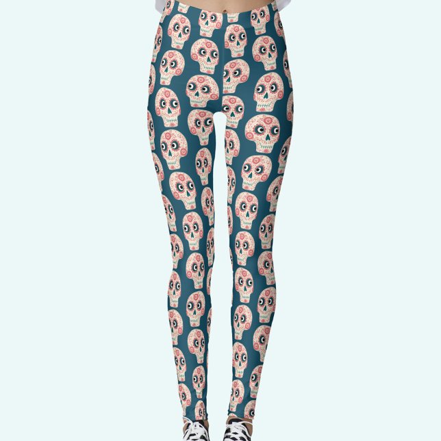 Zuckerschädel-Tag des Toten Dunkelgrünen Leggings (Teal green Sugar Skull Day of the Dead leggings)