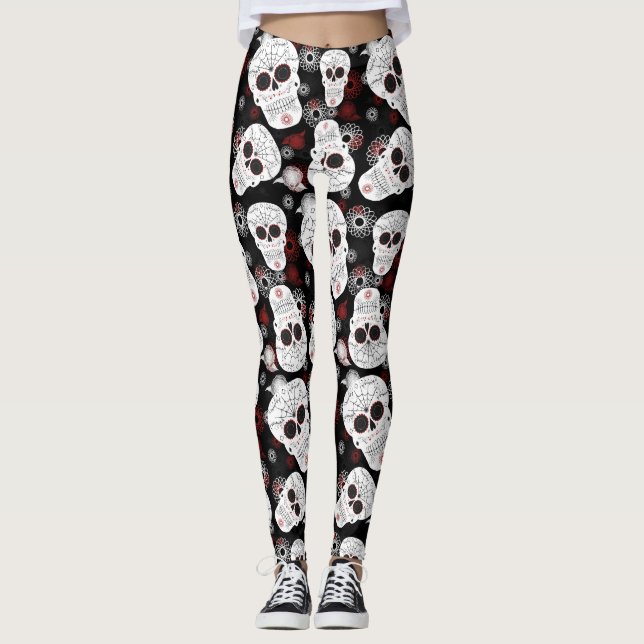 Zuckerschädel und Blume Leggings (Vorderseite)