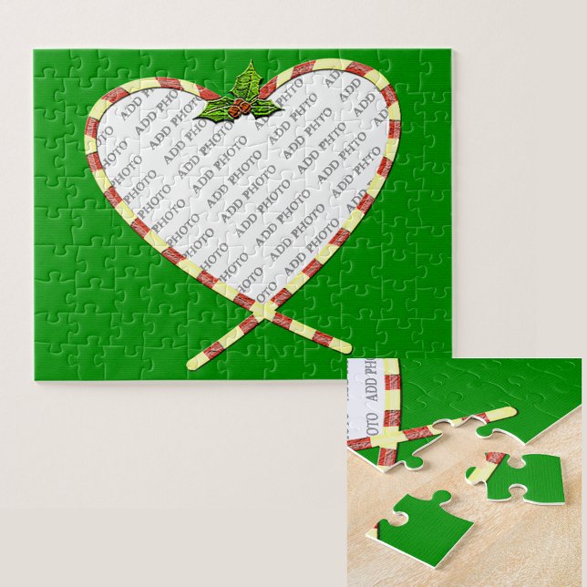 Zuckerstange-Herz addieren Ihren Foto-Rahmen Puzzle (Candy Cane Heart Your Photo Jigsaw Puzzle)