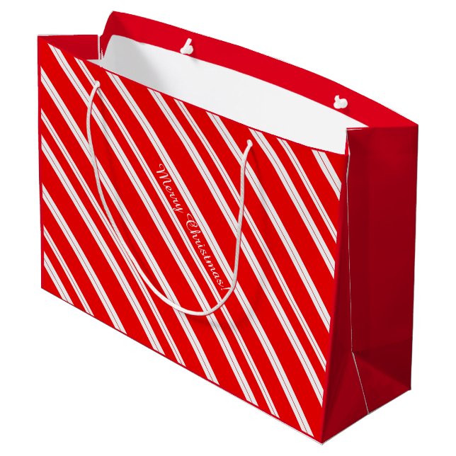 Zuckerstange-rotes Weiß Stripes frohe Weihnachten! Große Geschenktüte (Rückseite Schrägansicht)