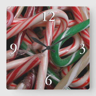 Zuckerstangen Weihnachten Weiß Grün und Rot Quadratische Wanduhr