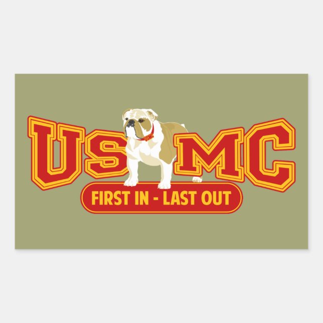 Zuerst in, zuletzt rechteckiger aufkleber (Vorderseite)