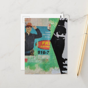 Zufällige Collage arbeitender Mann und ein Gesicht Postkarte