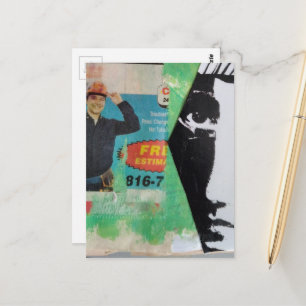Zufällige Collage arbeitender Mann und ein Gesicht Postkarte