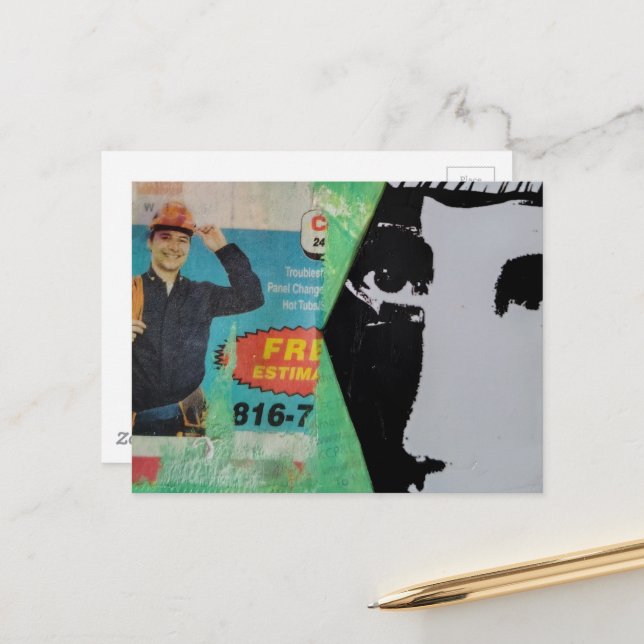 Zufällige Mixed-Media-Collage arbeitender Mann und Postkarte (Vorderseite/Rückseite Beispiel)