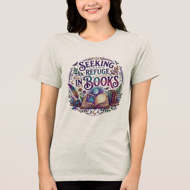 Zuflucht in Büchern suchen Whimsical Celestial Mys Tri-Blend Shirt (Vorderseite)