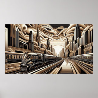Zug Art Deco Stil Gold Kupfer schwarz weiß Poster