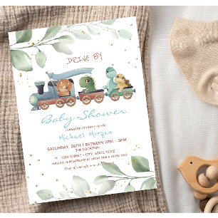 Zug-Dinosaurier fahren bei Baby Shower vorbei Einladung