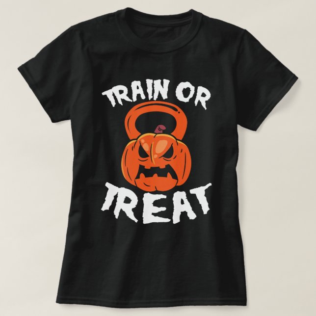Zug oder Leckerei Halloween Kettlebell Ausrichtung T-Shirt (Design vorne)