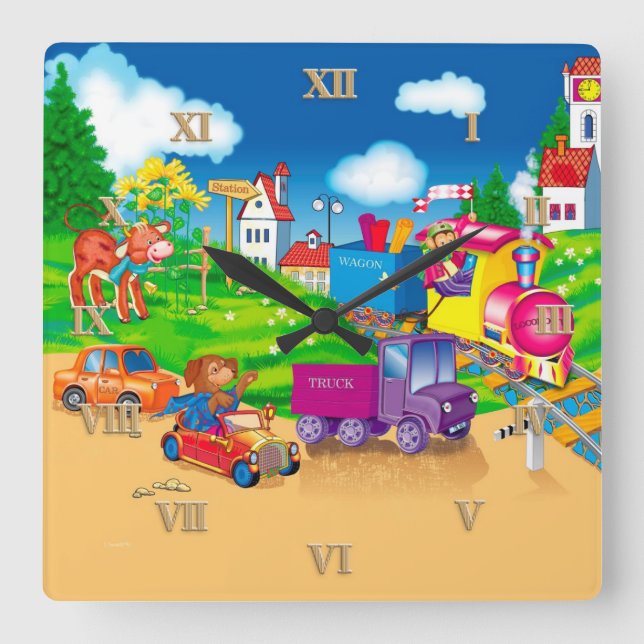 Zug und Auto Quadratische Wanduhr (Vorderseite)