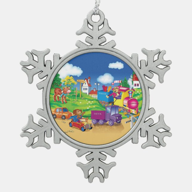 Zug und Auto Schneeflocken Zinn-Ornament (Vorderseite)