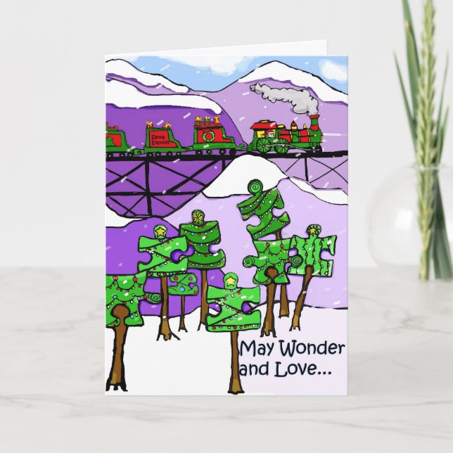 Züge und Puzzlebäume Weihnachtskarten-Autismus Feiertagskarte (Vorderseite)