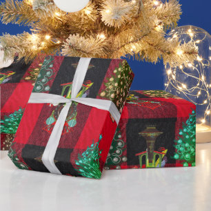 Züge und Weihnachtsbäume auf kariertem Schwarz Rot Geschenkpapier
