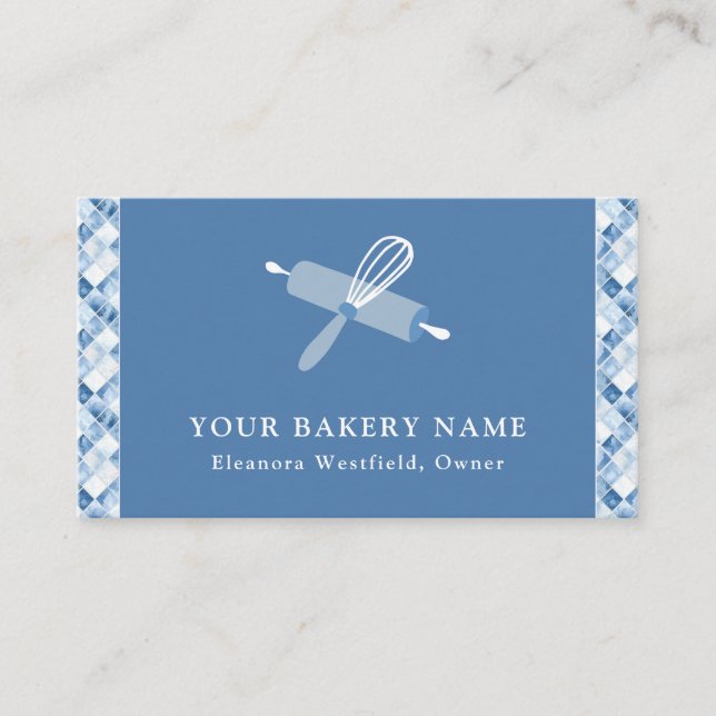 Zuhause Bakery Dusty Blue Karo Pattern Visitenkarte (Vorderseite)