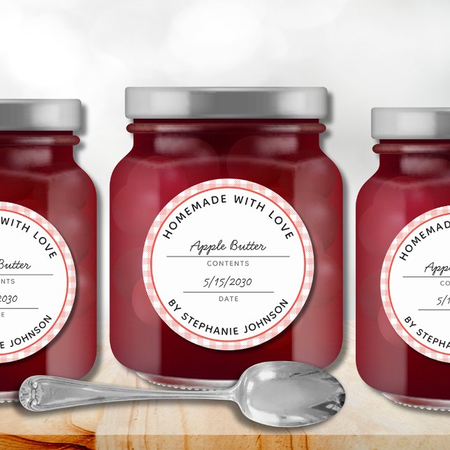 Zuhause Canning Product Name und Date Red Jar Lid Runder Aufkleber (Home Canning Product Name Date Red Check Jar Label Classic Round Sticker)