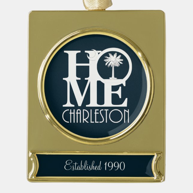 ZUHAUSE Charleston Customizable - Jahr etabliert Banner-Ornament Gold (Vorderseite)