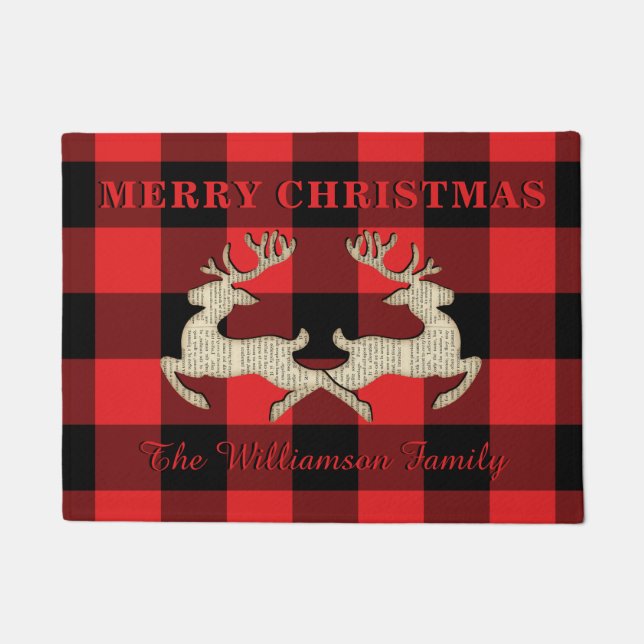 Zuhause Christmas Deer Antlers Red Black Gingham Fußmatte (Vorderseite)