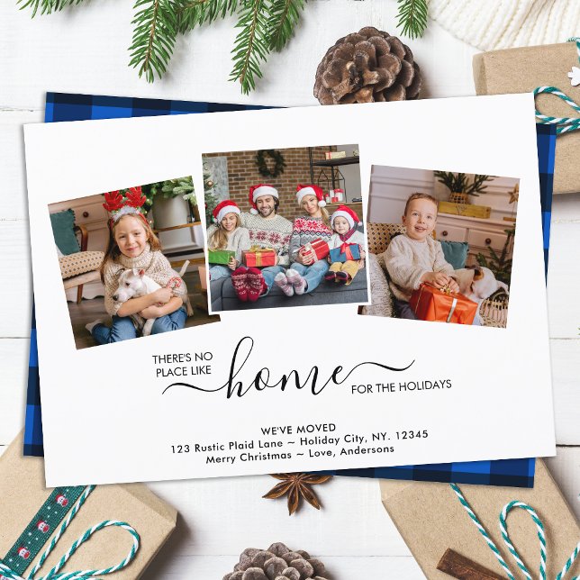 Zuhause für die Ferien 3 Foto Blue Kariert Moving Ankündigung (Von Creator hochgeladen)