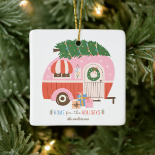Zuhause für die Weihnachtsfeiertage Pink Camper Keramikornament