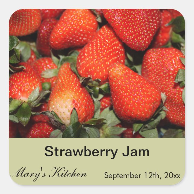Zuhause gefertigte Erdbeerflaschen-Etiketten Quadratischer Aufkleber (Vorderseite)