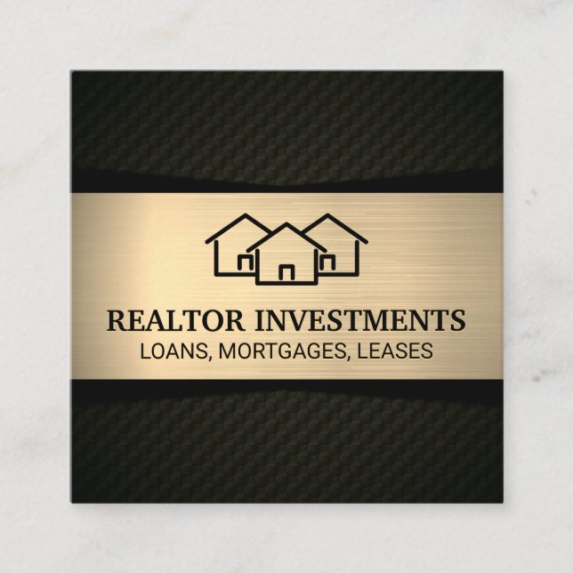 Zuhause | Gold Metallic | Gemustert Schwarz Quadratische Visitenkarte (Vorderseite)