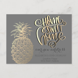 Zuhause,Goldene Ananas Tropisch Grau Ankündigungspostkarte