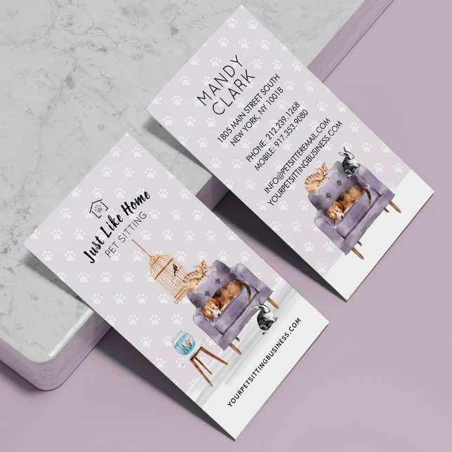 Zuhause Haustiere Sitzende Hunde und Katzen Schlaf Visitenkarte (Home Pet Sitting Dog & Cat Sleeping on Mauve Sofa Business Card)