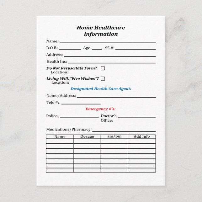 Zuhause-Informationskarte für das Gesundheitswesen Postkarte (Vorderseite)