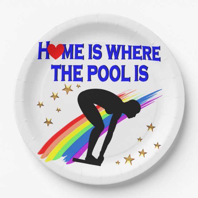 ZUHAUSE IST DER POOL FÜR DIESEN SCHWIMMER PAPPTELLER (Vorderseite)