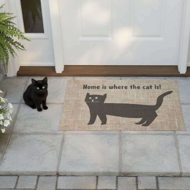 Zuhause ist, wo die Katze schwarze Katze ist Doorm Fußmatte (Home is where the cat is doormat.)