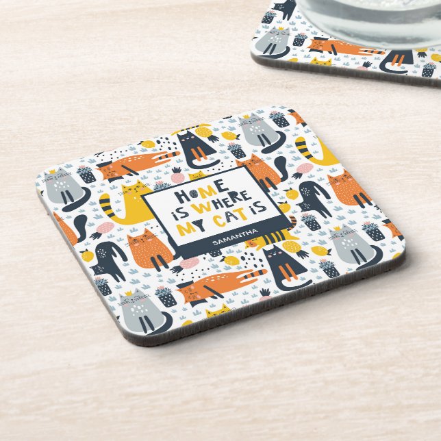 Zuhause ist, wo meine Katze Mit Monogramm ist Name Getränkeuntersetzer (Linke Seite)