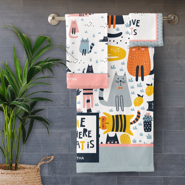 Zuhause ist, wo meine Katze Mit Monogramm Name Bad Badhandtuch Set (Von Creator hochgeladen)