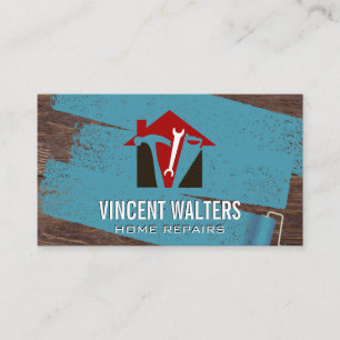 Zuhause-Konstruktion   Holzplatten   Malerwalze Visitenkarte