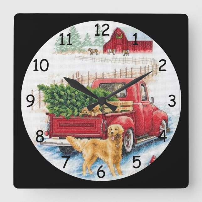 Zuhause mit einem Weihnachtsbaumneedlepoint Quadratische Wanduhr (Vorderseite)