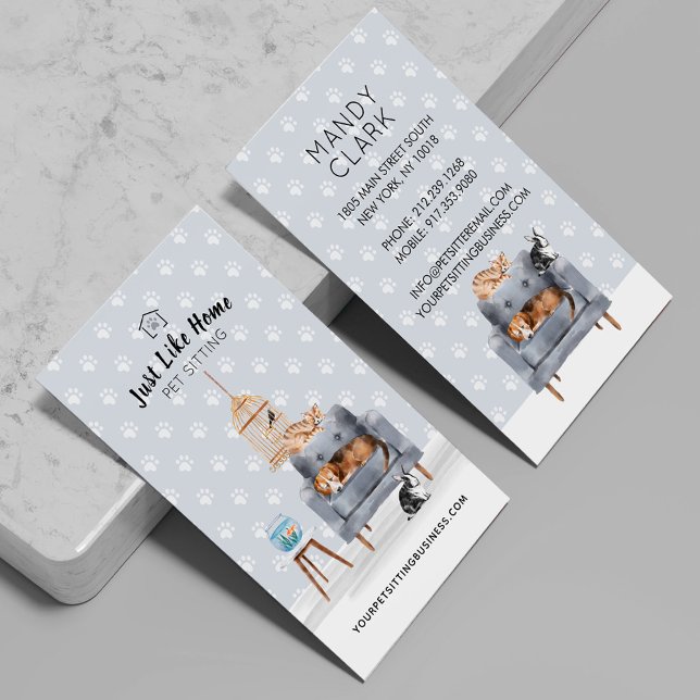 Zuhause Pet Sitting | Hunde und Katzen Schlafen au Visitenkarte (Home Pet Sitting | Dog & Cat Sleeping on Grey Sofa Business Card)