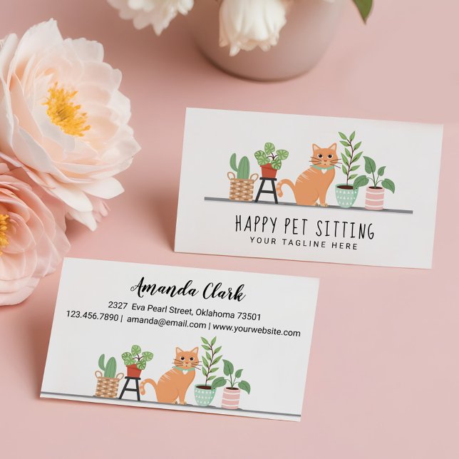 Zuhause Pet Sitting Loveable Happy Cat & House Pfl Visitenkarte (Home Pet Sitting Loveable Happy Cat & House Plants Business Card)