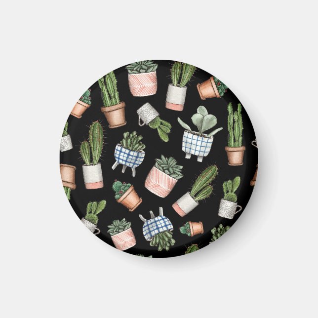 Zuhause-Pflanze für Aquarellbilder schwarz Nahtlos Magnet (Vorne)