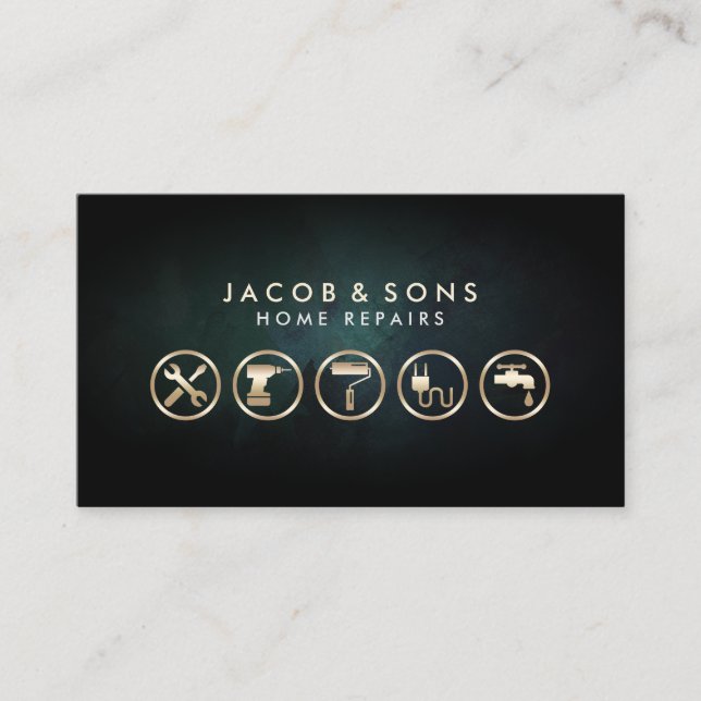 Zuhause repariert Gold Icons Türkis Grunge Textur Visitenkarte (Vorderseite)