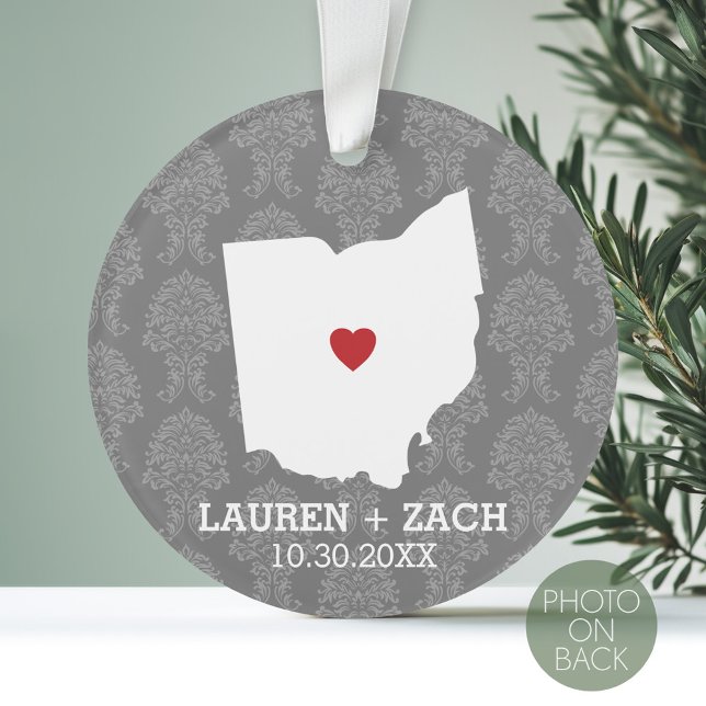 Zuhause Staat Karte - Custom Wedding Ohio Ornament (Personalized Photo Ornament with a State Design on the Front and Photo on the Back)