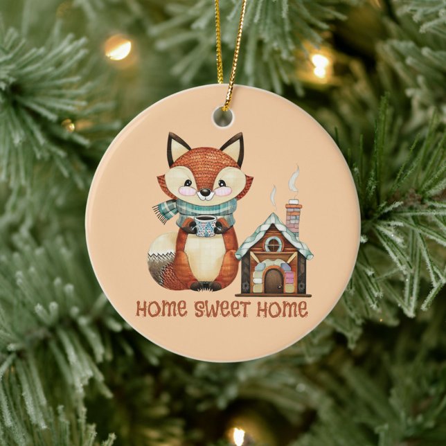 Zuhause Süßes Zuhause Adorable Fuchs mit Tasse Kaf Keramik Ornament (Von Creator hochgeladen)