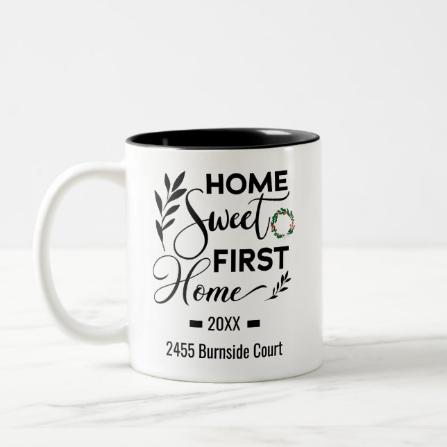Zuhause Sweet First Zuhause Personalisierte Adress Zweifarbige Tasse (Links)