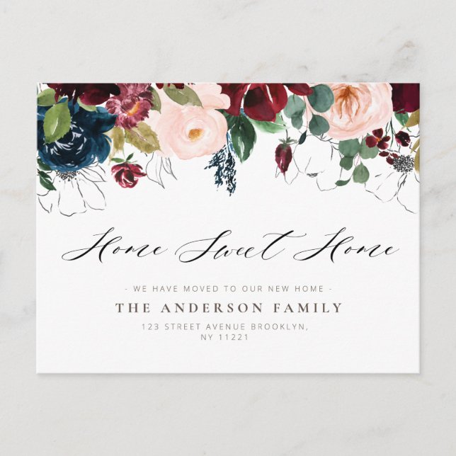 ZUHAUSE SWEET ZUHAUSE bordeauxrot, florenträchtig Postkarte (Vorderseite)